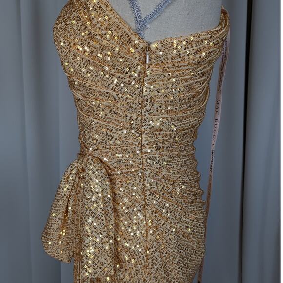 IEENA for Mac Duggal Gold Sequin One Shoulder Ruched Mini Dress Size 8 - Picture 13 of 16